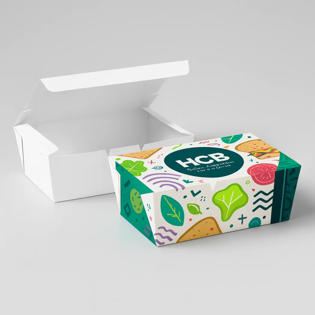 An open white takeaway box next to a closed version with a colourful vegetable pattern- class=